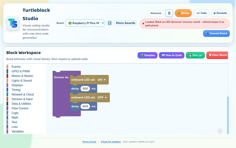 TurtleBlock Studio workspace with a Blockly blink program, the block toolbox, the board tools, and the code the blocks create.